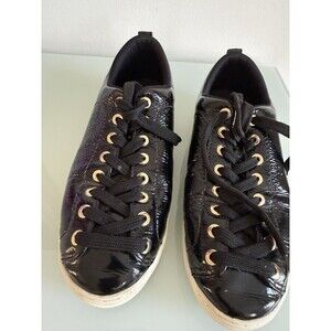 ✿ Jorge Bischoff Black Patent Leather Sneakers Gold Eyelets Size 8.5 EU 39.5